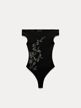 Zara Black Off-Shoulder Sparkle Silver Gold Floral Embellished Bodysuit Small